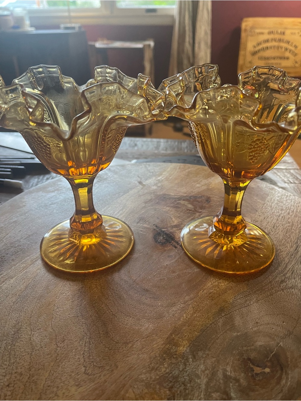 Fenton Amber Glass Pedestal Compote Pair - Elegant Ruffled Bowls